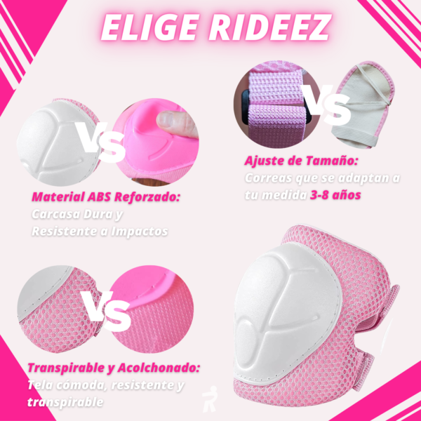 Rideez | Kit De Protección Bicicleta de Equilibrio y Patines para Niño Niña Rodilleras + Coderas + Muñequeras - Rosa - Image 5